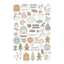 A sheet of Christmas-themed die-cut stickers featuring illustrations of gingerbread people, snowmen, Santa Claus, trees, snowflakes, hot cocoa cups, and holiday text like 'north pole' and 'hello santa' on a white background.