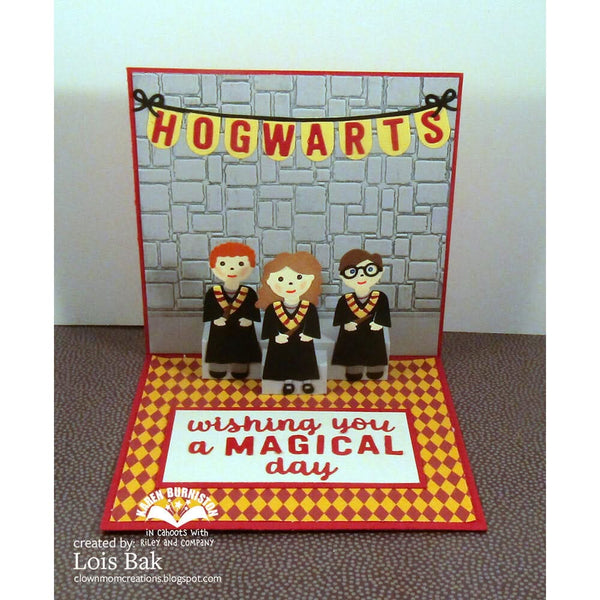 Card with 'Hogwarts' banner and characters, featuring text 'Wishing you a magical day'.