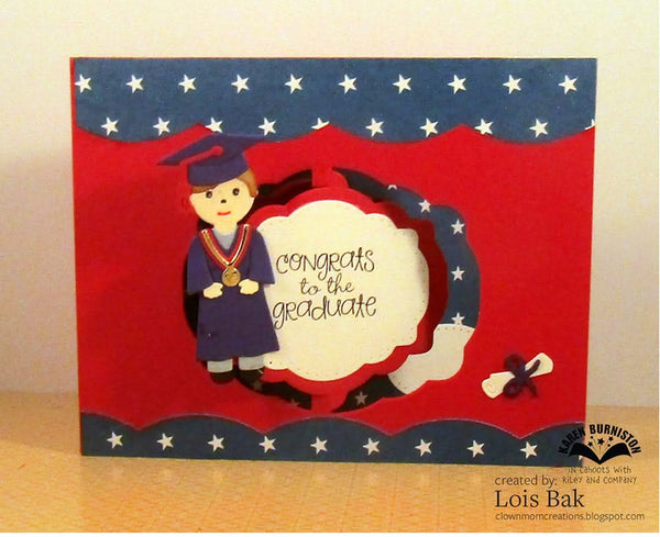Graduation-themed card with a child in a cap and gown on a red and blue background with stars.