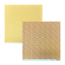 Two square sheets of patterned paper on a white background. The sheet in the back is solid pale yellow, and the sheet in the front has a dense multicolor geometric pattern with orange, yellow, blue, green, and red shapes.