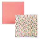 Two square sheets of patterned paper on a white background. The top left sheet is coral pink with small dark polka dots. Bottom right cream with flowers close together in black, red, blue and green.