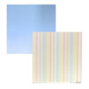 Two square sheets of patterned paper on a white background. The top sheet is a solid light blue, and the bottom sheet has a cream base with vertical stripes of small multicolored dots.