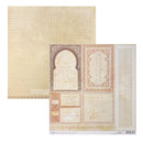 Two sides of vintage-style scrapbooking paper sheets with antique designs, one featuring a lined beige background and the other a multi-panel design with ornate frames, cursive writing, and text in warm beige, brown, and cream tones.