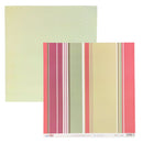 Two sided paper patterned paper sheets from Colorways Designs, one with a pale yellow-green geometric trellis pattern and the other with vertical stripes in pink, red, olive green, beige, and white, displayed on a white background.