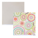 Two square sheets of patterned paper shown on a white background. The back sheet is light beige with a fine dotted texture, and the front sheet features a colorful retro circular mandala pattern in pink, green, orange, and blue with green glitter on a cream base.