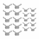 Twelve silver metal wing nut fasteners arranged in rows on a plain white background.