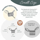 Product information graphic for a small size Beadsmith Spring-EEZ clasp, showing the silver metal clasp, its dimensions, a '20 PC' badge, and text explaining its use for jewelry wire.