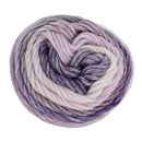 Ball of multicolored yarn with shades of purple and white on a white background