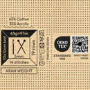 A flat product information graphic for Aran weight knitting yarn. The design shows a tan knitted fabric texture background with black stitch marks, text stating '65% Cotton 35% Acrylic', a black box with a pair of knitting needles and '10x10cm knit', '19 rows', '5mm', and '14 stitches'.