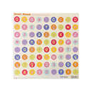 A sheet of Fruit Stand brand alphabet stickers featuring colorful circular scalloped letters on a cream background, shown against a plain white studio background.