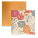 Two square sheets of patterned paper shown on a white background. Bottom Right is Multi coloured Flowers, with bronze foil floral outlines
Top Left is Orange with a repeating geometric pattern.