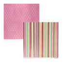 Two sheets of patterned scrapbook paper on a white background. The top-left sheet is pink with a repeating geometric lattice pattern. Bottom-right coloured stripes with brown glitter.