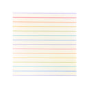 A square sheet of vellum with a cream background and thin horizontal pastel rainbow stripes in pink, orange, yellow, green, blue, and purple, shown on a plain white background.