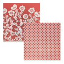 Two square sheets of patterned paper or fabric shown on a white background. The top sheet has a coral-red base with large Silver foil floral silhouettes.