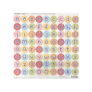 A sheet of alphabet stickers featuring colorful circular letters and numbers in pastel pink, blue, yellow, and green tones, with a white backing card.