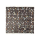 A sheet of craft alphabet stickers featuring lowercase block letters, numbers, and symbols in muted brown, beige, and gray tones, presented on a clean white background.
