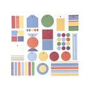A sheet of colorful paper craft tags and labels with various geometric shapes, stripes, and solid blocks in multiple pastel and bright colors, arranged on a plain white background.