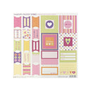 A sheet of Cupid's Candy Shop scrapbooking stickers featuring various Valentine's themed labels, frames, and stickers in pink, purple, yellow, and green patterns.