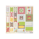 A sheet of holiday-themed scrapbook cards and frames from sei, featuring festive patterns like snowflakes, stripes, polka dots, Santa Claus, and Christmas treats in red, green, yellow, and beige tones.