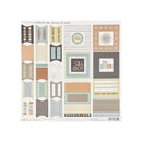A sheet of scrapbook cardstock stickers tabs, frames, and labels featuring boy-themed designs in beige, brown, teal, gray, and black. The labels include phrases like 'All Boy', 'Good Boy', 'The Guys', and 'Boys Will Be Boys' with various geometric patterns and frames.