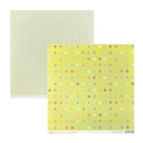 Two sheets of patterned scrapbook paper, displayed on a clean white background. The background sheet features fine vertical stripes in pale green and cream, while the foreground sheet features a retro pattern of colorful concentric circles on a soft yellow base.