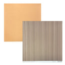 Two square sheets of patterned cardstock or paper shown on a white background. The top-left sheet is a solid warm tan/beige color, and the bottom-right sheet has fine vertical stripes in taupe, beige, and brown tones.