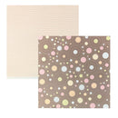 Two square sheets of patterned paper on a white background. The left sheet is a light beige with fine horizontal lines, and the right sheet is brown with a pattern of multicolored circles in pink, yellow, green, and white.