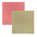 Two patterned paper sheets overlapping on a white background. The top-left sheet is coral pink with a small repeating floral print, and the bottom-right sheet is olive green with vertical white stripe and chain-like pattern details.