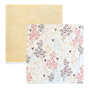 Two square sheets of paper shown on a white background: one plain yellow fog look sheet and one patterned sheet with a white base and delicate botanical and bird motifs in muted red, blue, brown, and gold tones with pink foil details.