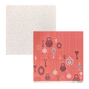 Two square sheets of patterned paper on a white background. The top-left sheet is off-white with a repeating pink key motif. Bottom-right keys and frames hanging on a red/orange background.