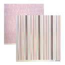 Two sheets of patterned scrapbook paper from the brand Sei, featuring a light pink leaf pattern on one sheet and a vertical stripe design in pink, beige, brown, and blue with pink foil on the other.