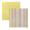 Two square patterned paper sheets shown on a white background. The top sheet is pale yellow with a repeating small floral or dot motif. Bottom sheet is stripes in pink, green, brown and orange. With glitter stripes.