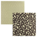Two square fabric or paper swatches shown on a white background: one in light beige with a small repeating floral pattern, and one in dark brown with a repeating cream leaf motif.