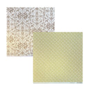 Two square sheets of patterned paper shown on a white background. The top sheet has an ornate damask-style floral pattern in warm taupe on an off-white base, and the bottom-right sheet has a repeating small floral motif in pale yellow-green on a light yellow base.