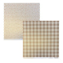 Two sheets of patterned scrapbook paper on a white background. The top sheet has a repeating brown star pattern on a white base, and the bottom-right sheet has a brown and white plaid pattern.