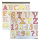 A sheet of alphabet and number die-cut stickers with floral and gingham patterns in pink, yellow, and orange tones, shown with a second overlapping sheet on a white background.