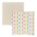A sheet of patterned scrapbook paper with vertical rows of colorful oval motifs on a cream background, shown alongside a plain beige backing sheet on a white background.