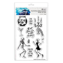A package of Jimson Honey Crafts photopolymer stamps by Hungry Bugz, featuring Halloween-themed designs including skeletons, a candelabra, a jar of eyeballs, a martini glass, and phrases like 'Eye Love You' and 'Eat Drink & Be Story'.