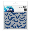 A 6x6 inch stencil by Simon Hurley Create featuring a repeating pattern of dark blue bats on a light gray background, packaged in a clear plastic sleeve with a white header card.