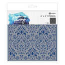 A 6x6 inch stencil by Simon Hurley Create featuring a blue damask pattern on a gray background, packaged in a white hanging card with the Simon Hurley Create logo and Ranger branding.