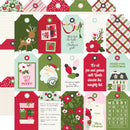 A sheet of assorted Christmas-themed paper tags and labels with festive illustrations including Santa Claus, reindeer, snowballs, pine trees, holiday flowers, and seasonal phrases in red, green, pink, beige, and white.