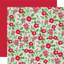 A square patterned sheet or swatch showing a repeating floral print with red flowers, green leaves, and small pink accents on a pale mint background, with a red plaid corner visible.