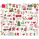 A sheet of Christmas-themed stickers or decals featuring festive illustrations such as Santa Claus, reindeer, sleighs, candy canes, Christmas trees, stockings, bells, wreaths, houses, and holiday text on a white background.