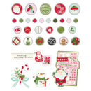 A sheet of Christmas-themed stickers and decals on a white background, including round buttons, holiday stamps, a candy cane with a bow, a snowman, and a Christmas calendar with Santa.