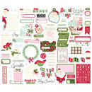 A sheet of Christmas-themed scrapbook and card design elements, including Santa Claus illustrations, holiday labels, snowflakes, wreaths, candy canes, a calendar, and festive text such as 'Merry & Bright' and 'Jingle Snowflake Co.'.
