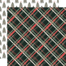 A square sample of holiday-themed plaid patterned paper, featuring diagonal stripes of dark green, red, gray, and white, with a border of small pine trees on a white background.