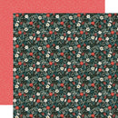 A sheet of patterned scrapbook paper with a dark teal botanical print featuring white flowers, green leaves, and red berries, layered over a solid coral red patterned sheet with white dots.