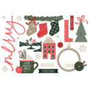 Collection of Christmas-themed illustrations including stockings, trees, and decorative elements on a white background.