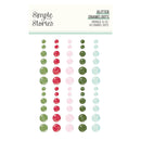 A sheet of glitter enamel dots by Simple Stories, featuring rows of round, glittery dots in green, red, light pink, and light blue on a white background with a branded header card.