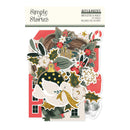 Bits & Pipses Simple Stories Mistletoe & Holly sticker pack featuring festive die-cut stickers including white doves, gold ornaments, red berries, holly leaves, pinecones, and a red house background, shown on a white background.